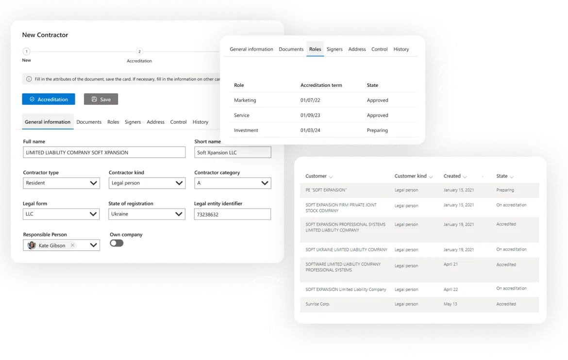 softXspace365.Contract — karta kontrahenta z danymi i historią